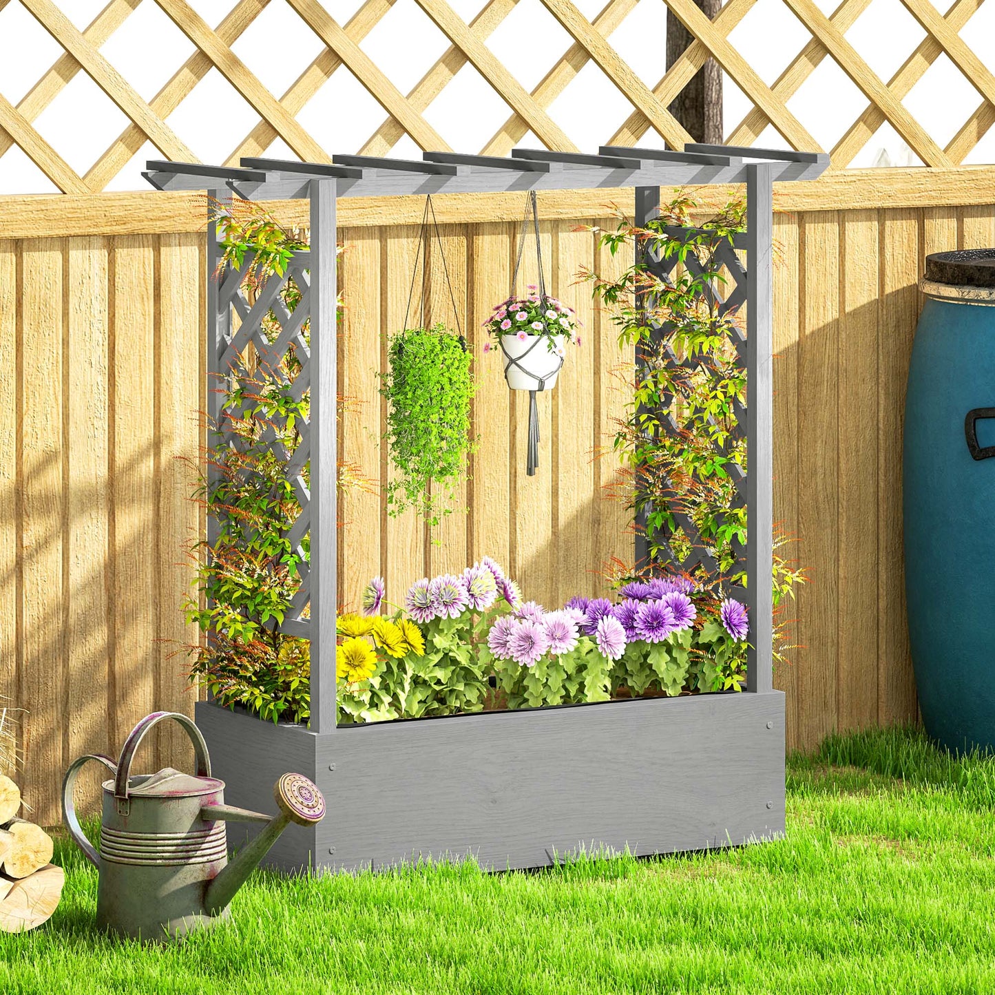 Outsunny Wooden Raised Garden Bed with Trellis, Outdoor Planter Box with Hanging Roof, Drainage Holes and Bed Liner