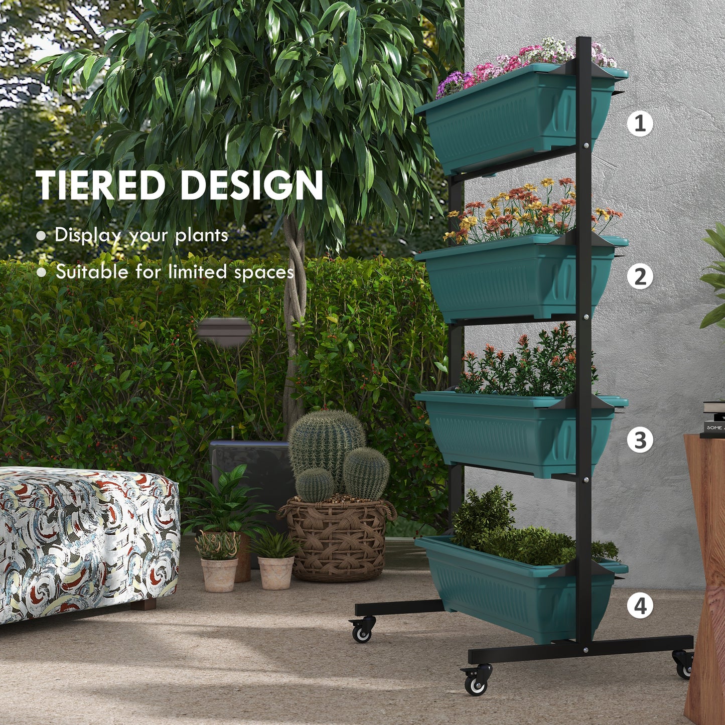 Outsunny 4-Tier Vertical Raised Garden Planter with 4 Boxes, Wheels, Outdoor Plant Stand for Vegetable Flowers, Brown