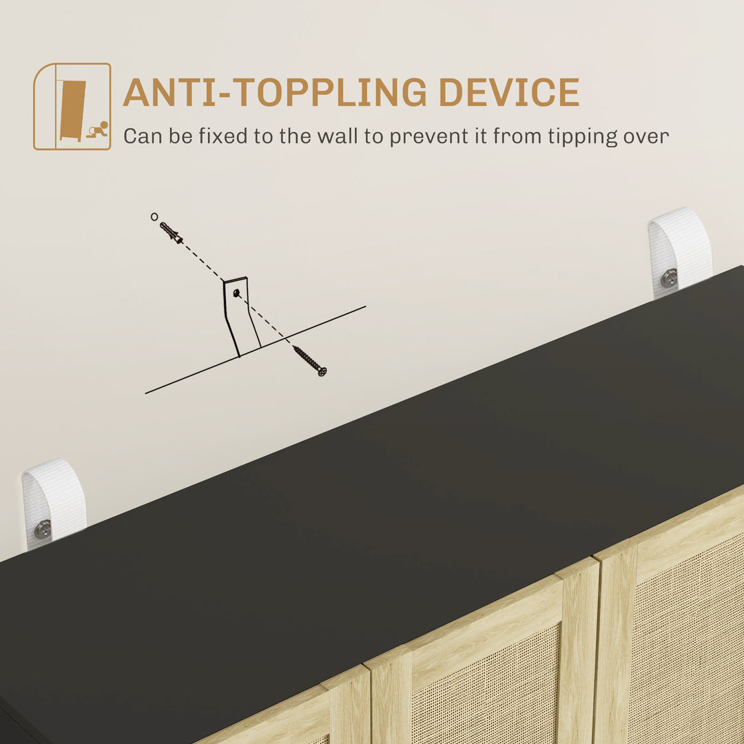 HOMCOM Boho Sideboard Buffet Cabinet, Storage Cabinet with 4 Rattan Doors and Adjustable Shelves, Black