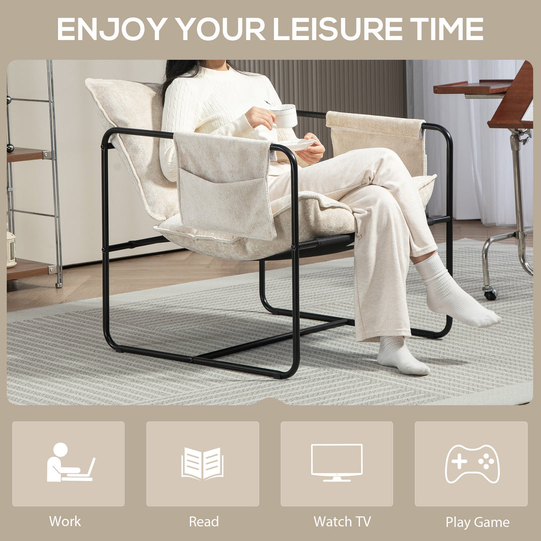 HOMCOM Modern Accent Chair, Upholstered Armchair with Side Pockets and Steel Frame, Comfy Reading Chair for Bedroom, Grey