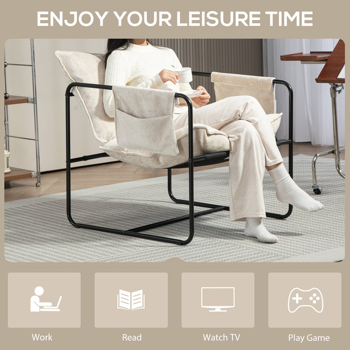 HOMCOM Modern Accent Chair, Upholstered Armchair with Side Pockets and Steel Frame, Comfy Reading Chair for Bedroom, Grey