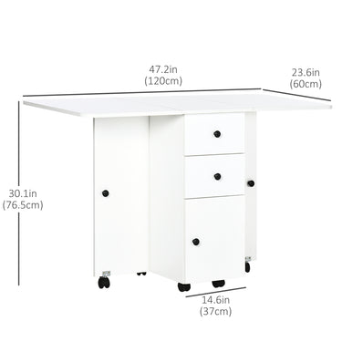 HOMCOM Foldable Dining Table, Rolling Kitchen Table with Storage Drawers and Cabinet, Drop Leaf Table on Wheels, White