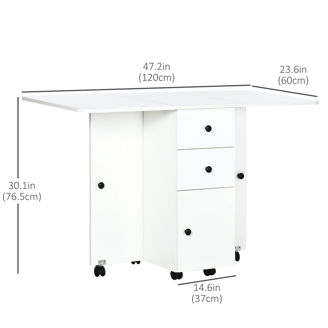 HOMCOM Foldable Dining Table, Rolling Kitchen Table with Storage Drawers and Cabinet, Drop Leaf Table on Wheels, White
