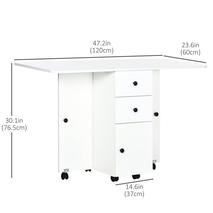 HOMCOM Foldable Dining Table, Rolling Kitchen Table with Storage Drawers and Cabinet, Drop Leaf Table on Wheels, White