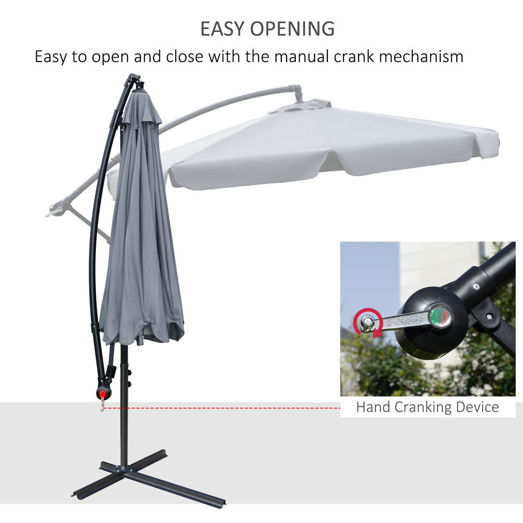Outsunny 9FT Offset Hanging Patio Umbrella Cantilever Umbrella with Easy Tilt Adjustment, Cross Base and 8 Ribs for Backyard, Poolside, Lawn and Garden, White