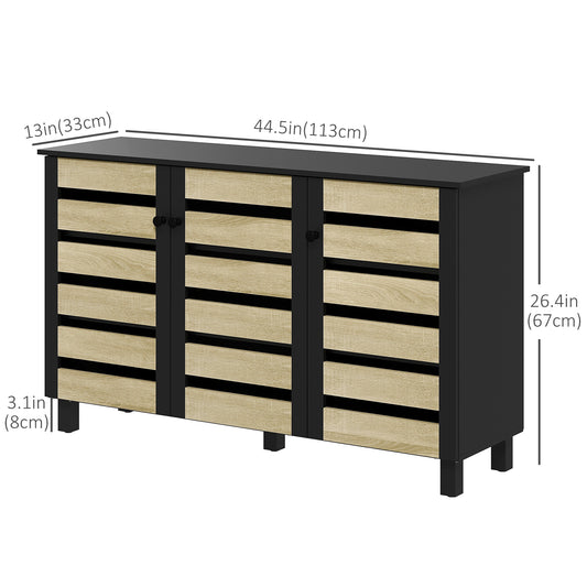 HOMCOM Shoe Cabinet with 3 Slatted Doors, 3-tier Shelving Rack Cabinet with Adjustable Shelves for 15 Pairs of Shoes, Black