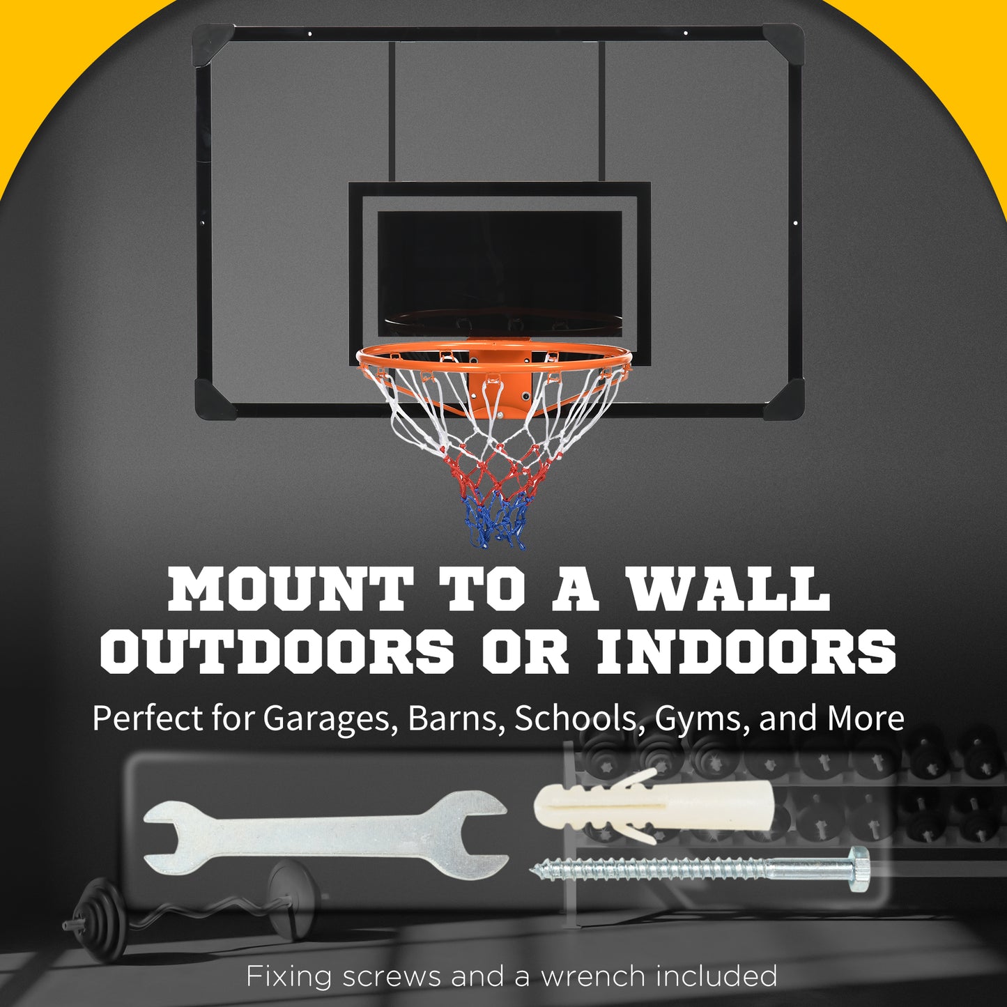 Soozier Wall Mounted Basketball Hoop with 43'' x 30'' Shatter Proof Backboard, for Indoor and Outdoor, Black