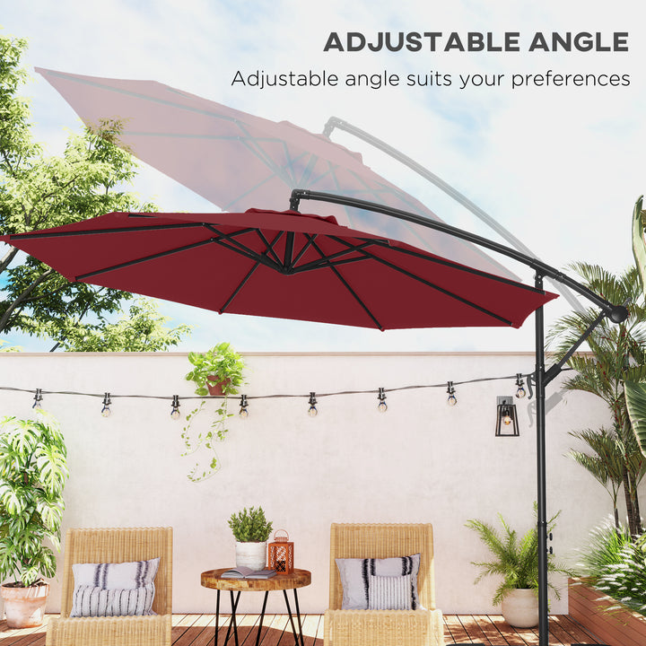 Outsunny 9.7ft Offset Patio Umbrella Garden Hanging Parasol Banana Cantilever Umbrella with Base, Crank, Wine Red