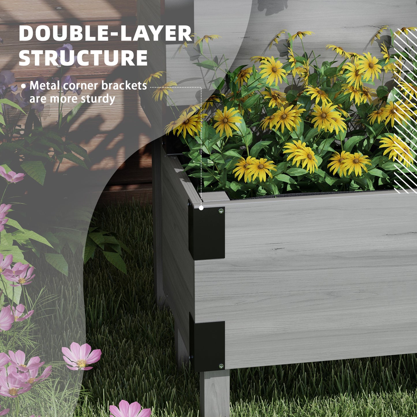 Outsunny Raised Garden Bed with Trellis, 2 Tier Wooden Elevated Planter Box  for Vegetables, Flowers, Herbs, Grey