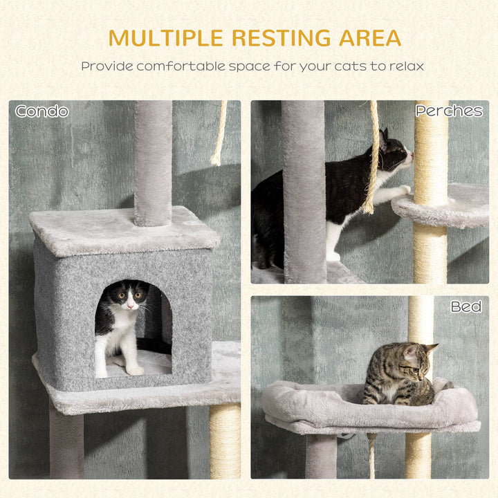 PawHut Cat Tree Floor to Ceiling Cat Tower Height Adjustable( 85-101 Inches), Tall Large Cat Climbing Activity Center with Scratching Posts Cat Condo Cozy Bed, Grey