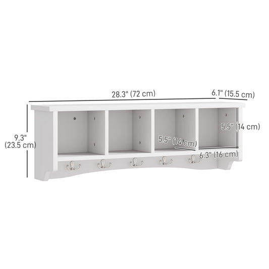 HOMCOM Coat Rack Wall Mount with Shelf, 28" Wall Coat Rack with 5 Hooks and 4 Compartments for Living Room, Entryway, White
