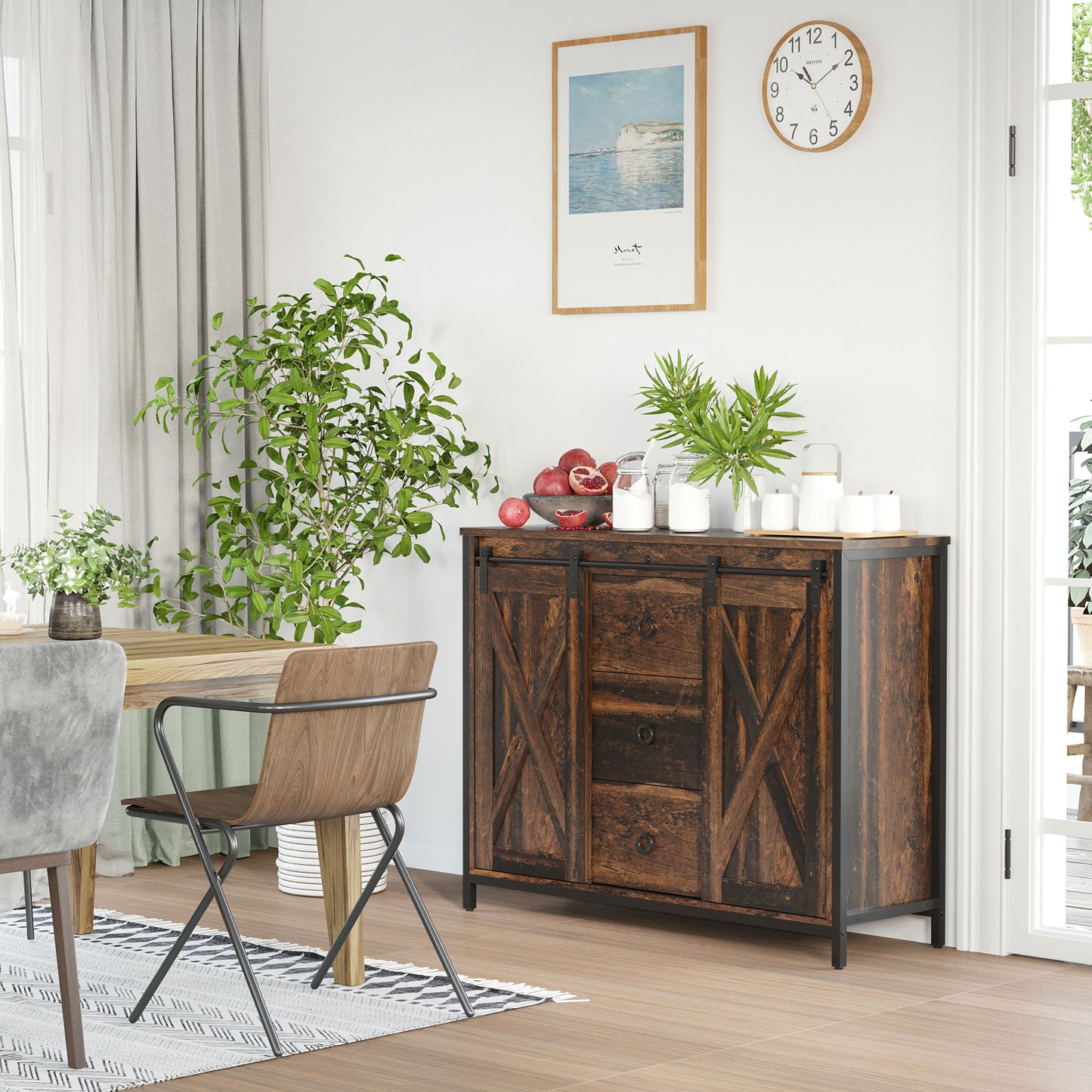 HOMCOM Industrial Sideboard Buffet Storage Cabinet Cupboard with 2 Doors, 3 Drawers and Shelves for Dining Room, Living Room, Brown