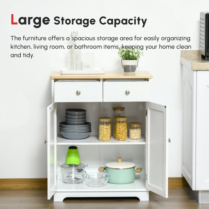 HOMCOM Sideboard Buffet Cabinet with Storage, 27" Kitchen Cabinet with Adjustable Shelf, 2 Drawers and 2 Doors, Coffee Bar Cabinet with Rubberwood Tabletop, White