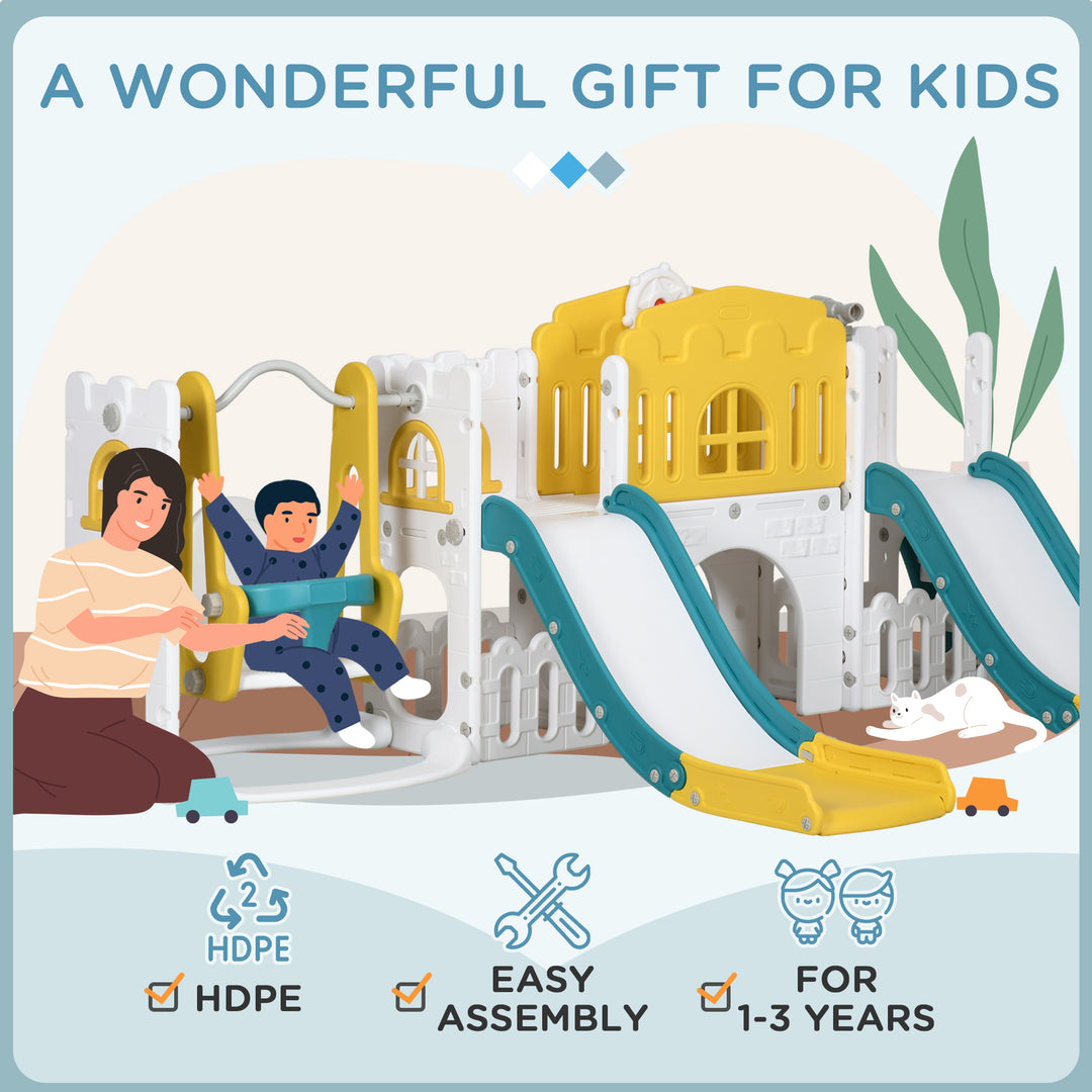 Qaba 8 in 1 Slide and Swing Set, Toddler Slide Set with Basketball Hoop, Climber, Steering Wheel, for Aged 1-3 Years, Yellow