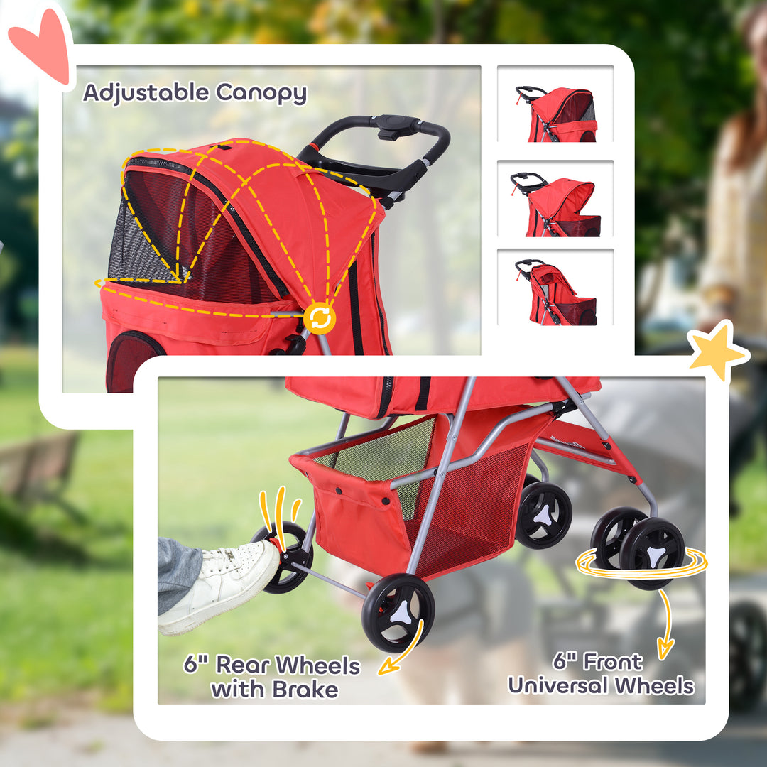 PawHut Pet Stroller Foldable Carrier for Cat, Dog and More 4 Wheels Travel Jogger with Cup Holder, Storage Basket, 360 ° swiveling front wheels, Easy Fold, Red