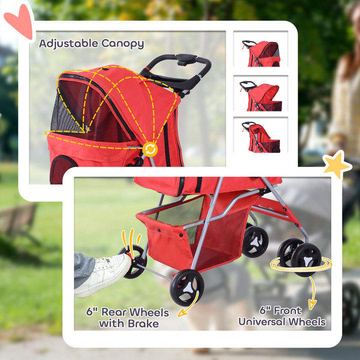 PawHut Pet Stroller Foldable Carrier for Cat, Dog and More 4 Wheels Travel Jogger with Cup Holder, Storage Basket, 360 ° swiveling front wheels, Easy Fold, Red