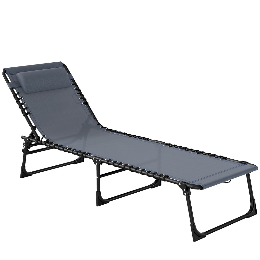 Outsunny Outdoor Folding Lounge Chair, 4-Level Adjustable Chaise Lounge with Headrest, Tanning Chair Beach Bed, Reclining Lounger Cot for Camping, Hiking, Backyard, Grey