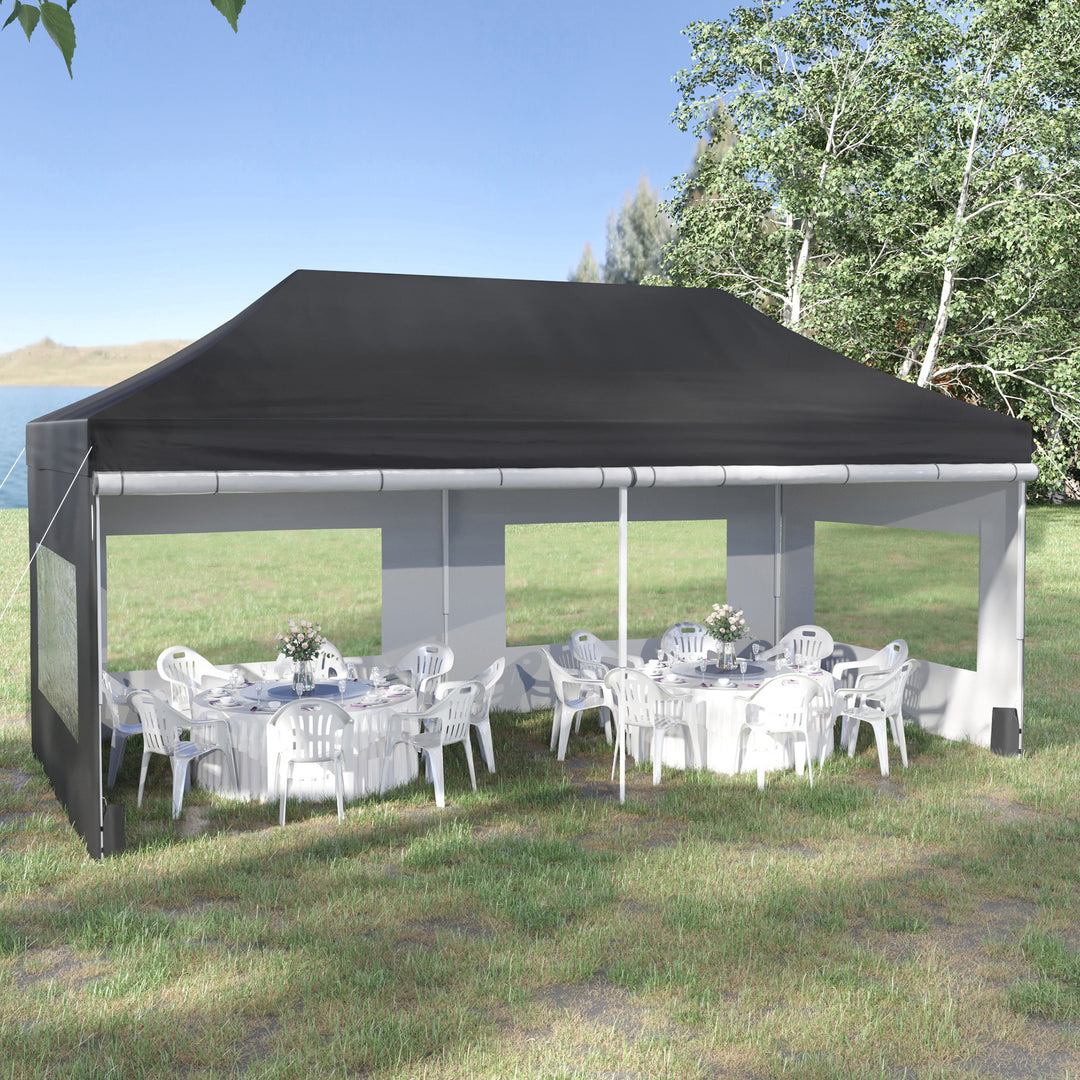 Outsunny 20' x 10' Folding Pop Up Canopy Tent with Sidewalls,  Windows, Weight Bags and Carrying Bag, Black