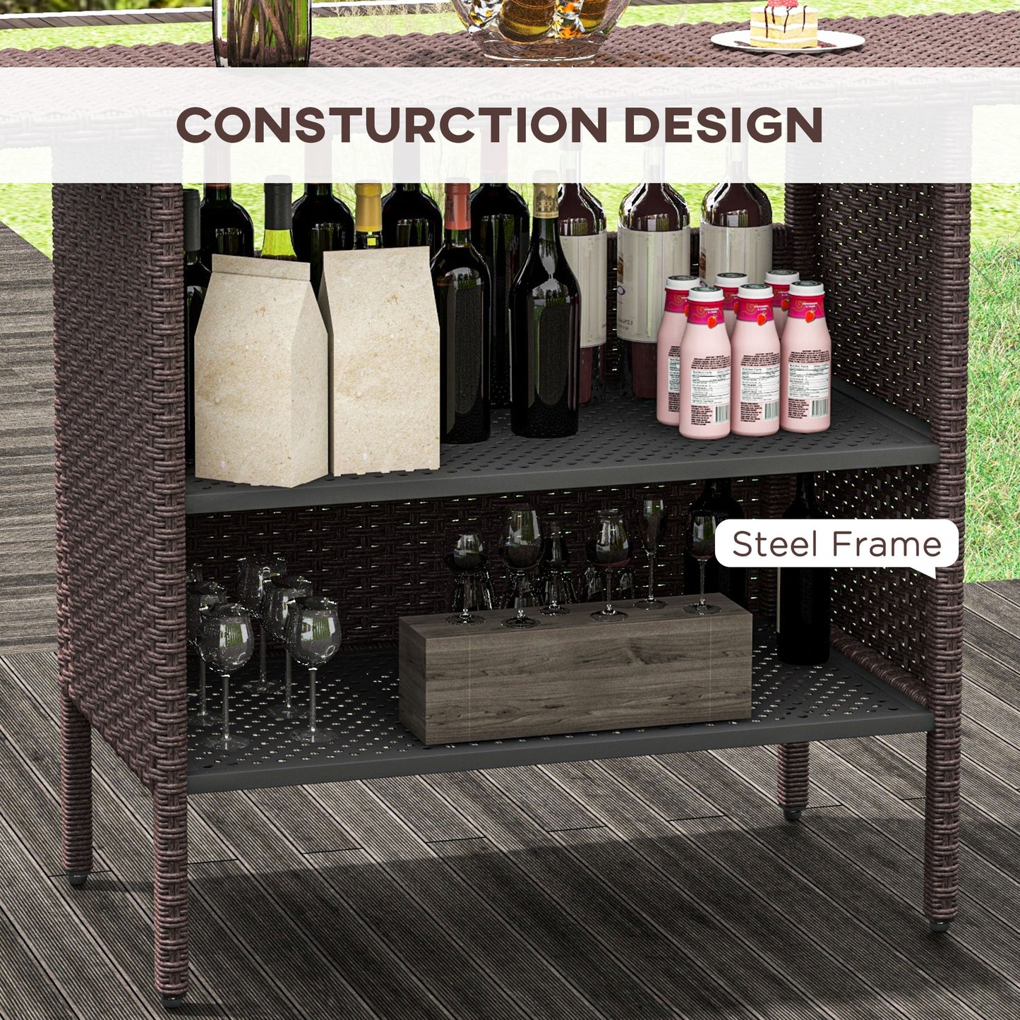 Outsunny Bar Height Outdoor Rattan Table, Patio Wicker Bar Table with 2 Storage Shelves, 55.1" x 18.5" x 37", Brown