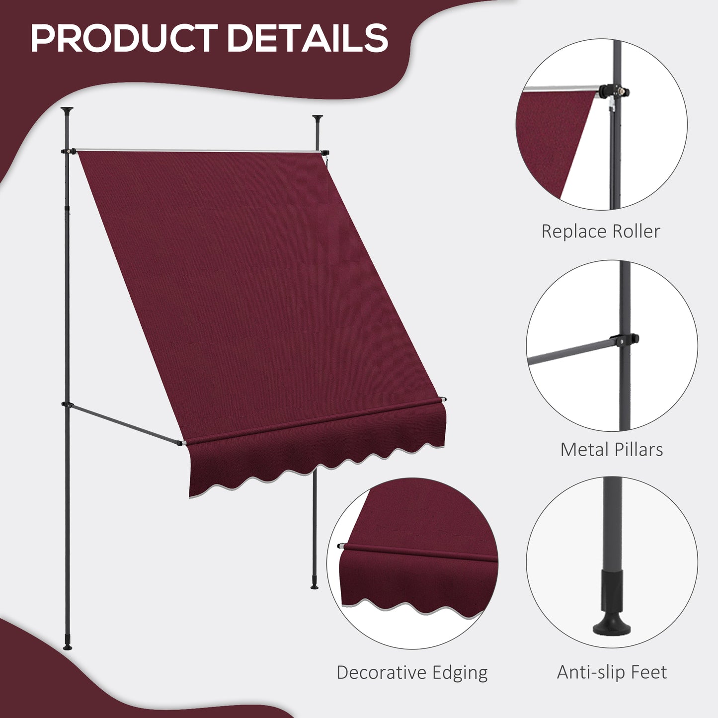 Outsunny 6.5' x 4' Manual Retractable Awning, Non-Screw Freestanding Patio Awning, UV Resistant, for Window or Door, Wine Red