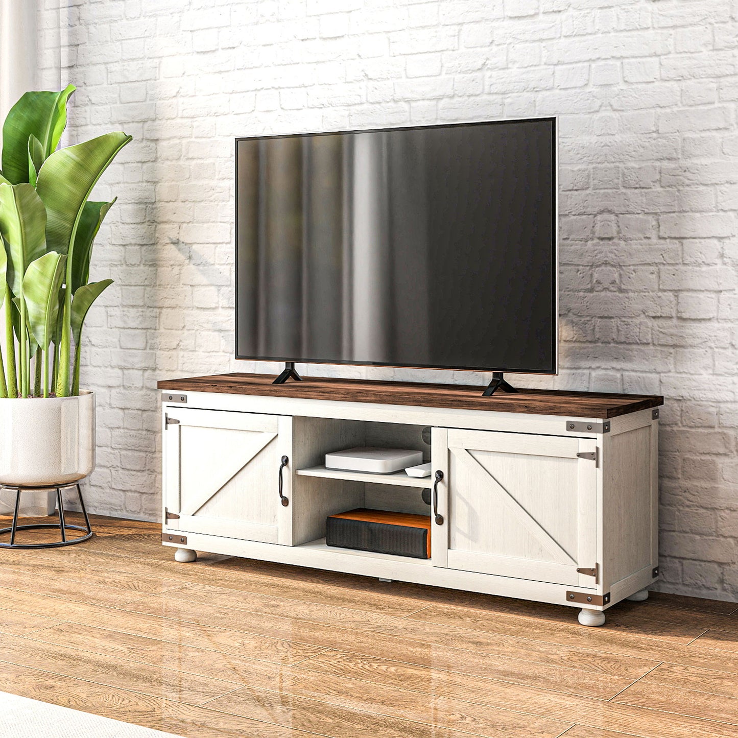 HOMCOM Farmhouse TV Stand for up to 50" TV, TV Cabinet with Barn Doors, Cable Management for Living Room, Distressed White