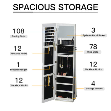 HOMCOM Mirror Jewellery Cabinet Armoire, Lockable Jewellery Organizer with Full-Length Mirror, LED Lights, Standing Jewellery Armoire in White Wood