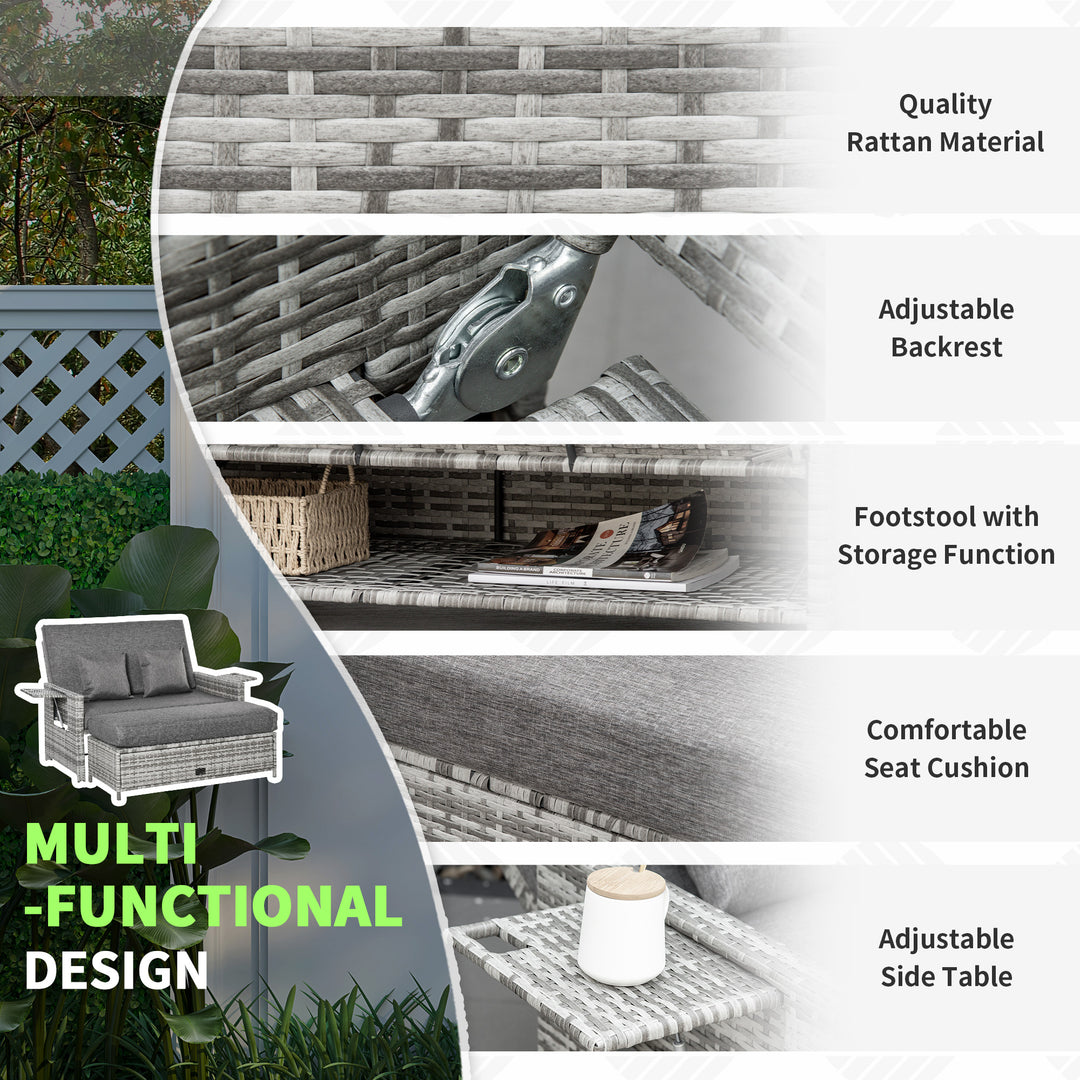 Outsunny 2 Piece Rattan Outdoor Daybed, 2 Seater Sofa Set with Footstool, Storage, Cushions and Pillows for Garden, Patio, Grey