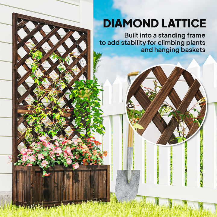 Outsunny 2.4 x 1 x 4.9 ft Garden Wooden Pine Trough Planter with Topped Trellis Climbing Plants Flower Raised Bed, Orange