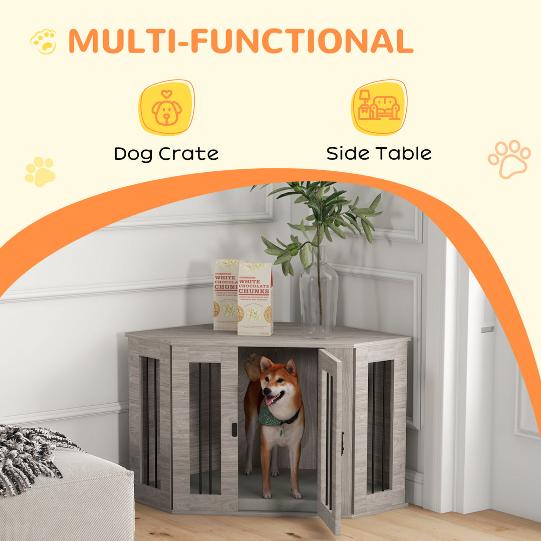 PawHut Dog Crate Furniture with Cushion, 41 Inch Corner Design Dog Crate End Table for Medium Dogs, Walnut Brown