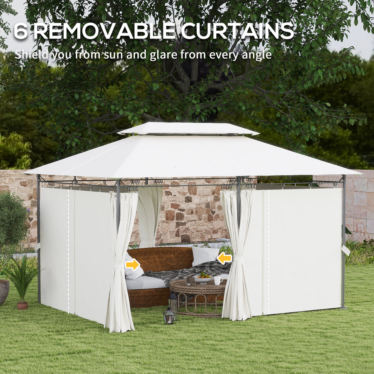 Outsunny 10'Â xÂ 13' Double Roof Patio Gazebo, Outdoor Gazebo with Curtains, for Garden, Lawn, Backyard and Deck, Cream White