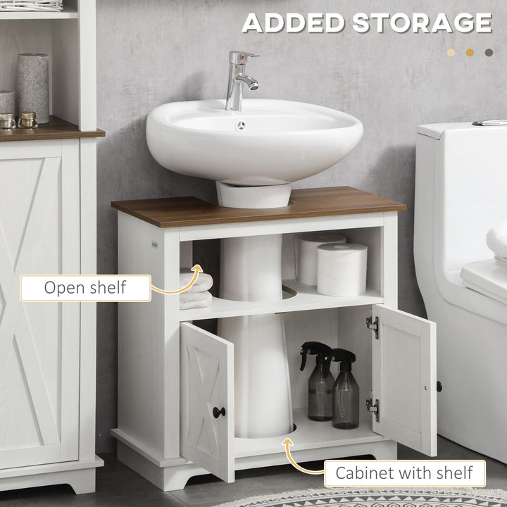 kleankin Farmhouse Bathroom Sink Cabinet, Pedestal Sink Storage Cabinet with Double Doors and Shelves, White