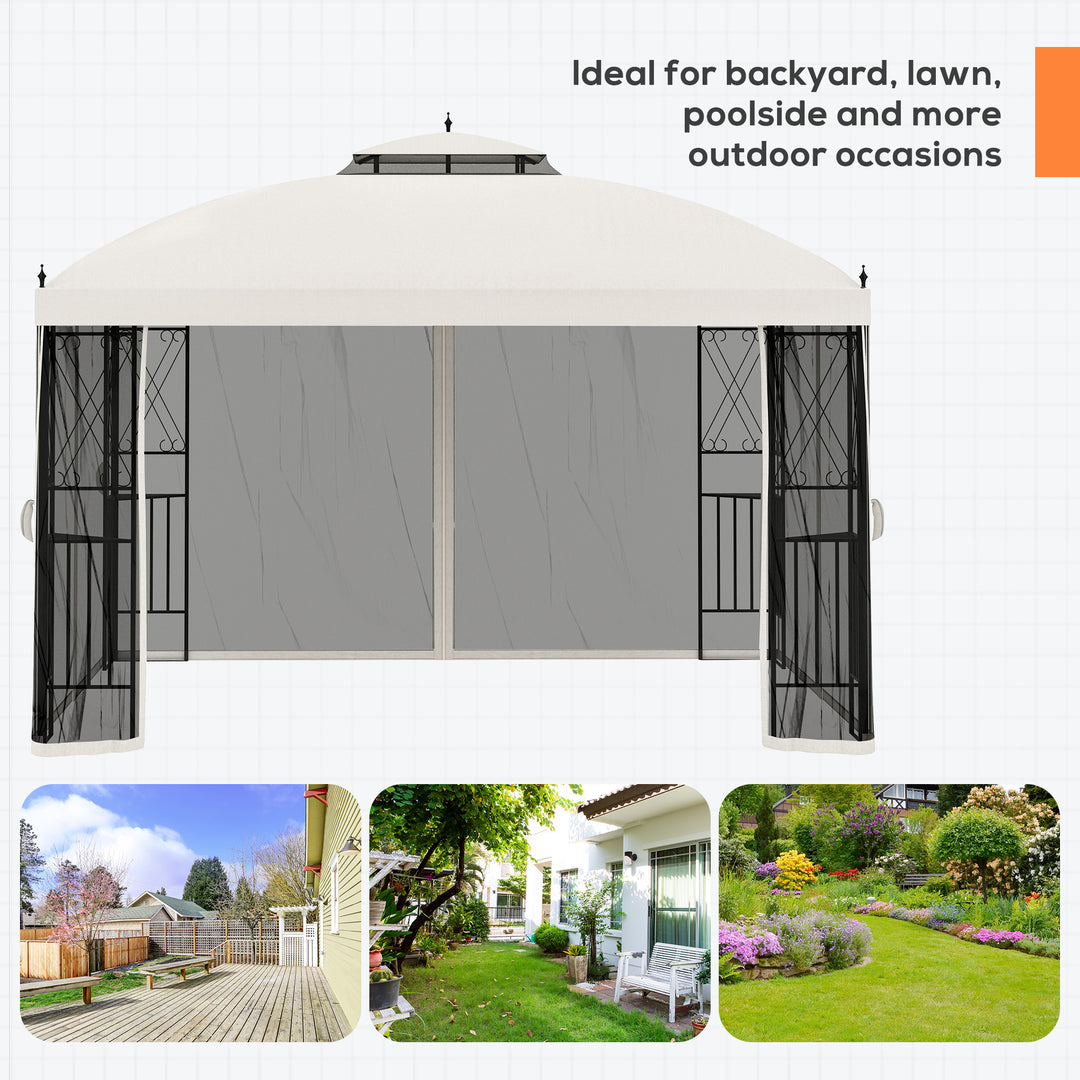 Outsunny 12' x 10' Outdoor Patio Gazebo Canopy with Double Tier Roof, Removable Mesh Sidewalls, Triangular Display Shelves, Beige