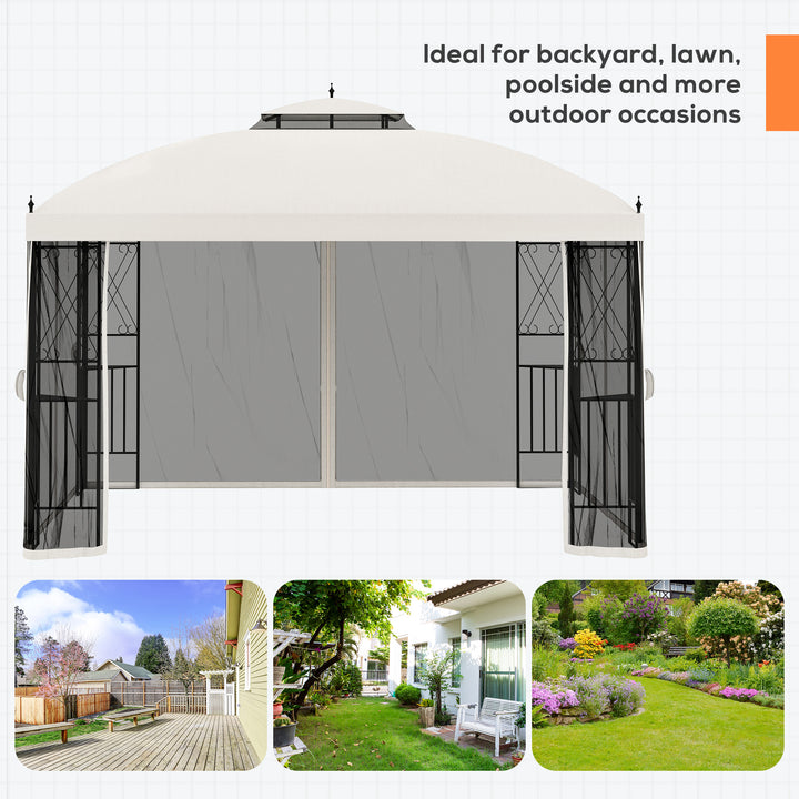 Outsunny 12' x 10' Outdoor Patio Gazebo Canopy with Double Tier Roof, Removable Mesh Sidewalls, Triangular Display Shelves, Beige