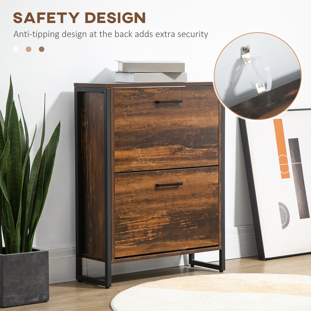 HOMCOM Shoe Cabinet with 2 Flip Doors, Slim 2-Drawer Shoe Cupboard with Divider and Open Compartment for 12 Pairs of Shoes, Entryway Storage Unit, Rustic Brown