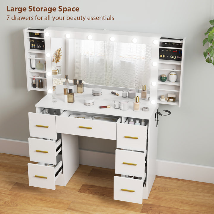 HOMCOM Makeup Vanity Table with Lights, Dressing Table with 7 Drawers, 6 Hidden Sliding Storage Compartments, White