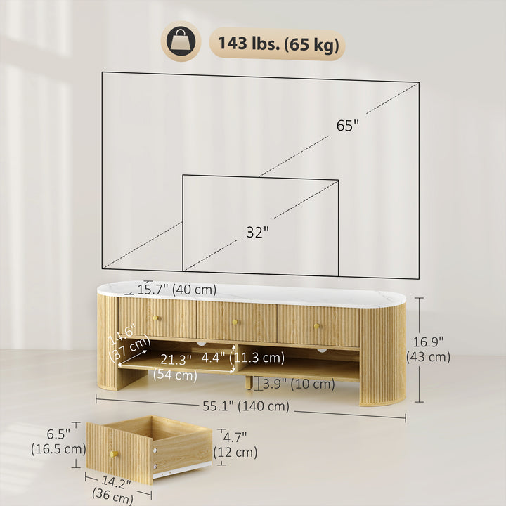 HOMCOM TV Stand, Modern TV Table with Marble-Effect Top, 3 Drawers and 2 Open Shelves for 32-65 Inch Television, Natural