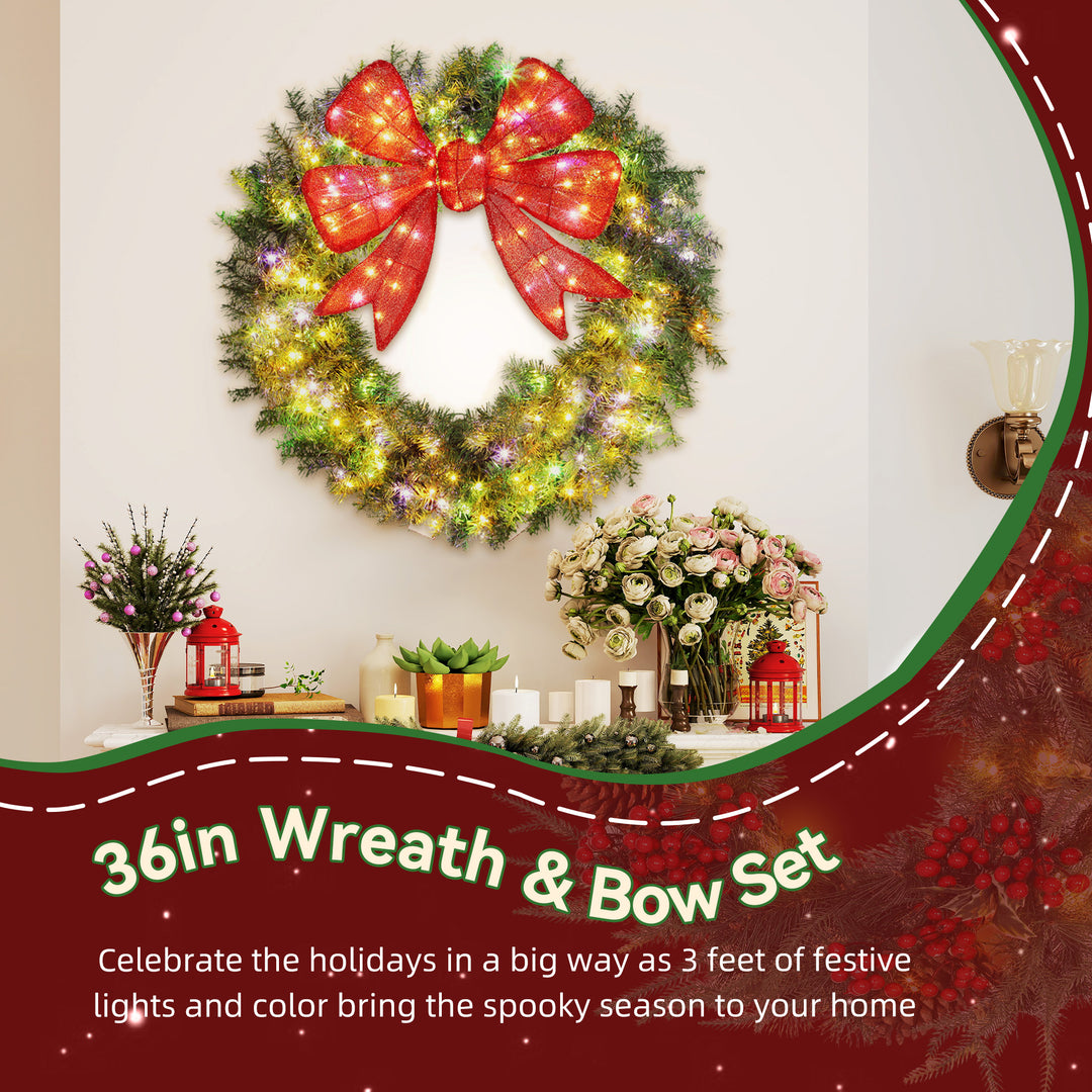 HOMCOM 36in Pre-Lit Christmas Wreath with 3D Red Bow, 11 Lighting Modes, Front Door Christmas Wreath with Remote