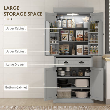 HOMCOM 71" Kitchen Pantry Cabinet with LED Lights, 6 Spice Racks, a Drawer and 4 Adjustable Shelves, Grey