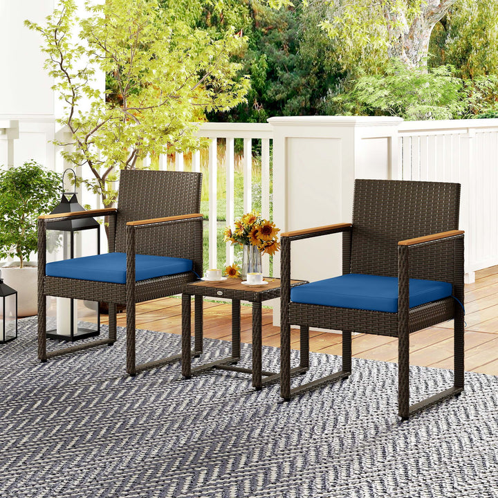 Outsunny 3 Pieces Wicker Patio Furniture Set, Rattan Bistro Set w/ Acacia Wood Table & Removable Cushions, Dark Blue