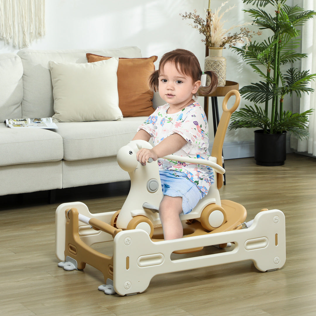 Qaba 5 in 1 Rocking Horse for Toddlers 1-6 Years with Balance Board, Push Handle, 4 Smooth Wheels, Brown