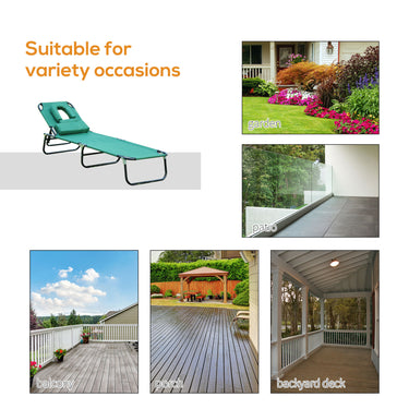 Outsunny Folding Outdoor Lounge Chair, Portable Reclining Beach Lounger with Face Hole, Detachable Pillow, 3-Position Adjustable Backrest, For Patio, Garden, Poolside, Green