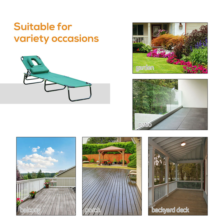 Outsunny Folding Outdoor Lounge Chair, Portable Reclining Beach Lounger with Face Hole, Detachable Pillow, 3-Position Adjustable Backrest, For Patio, Garden, Poolside, Green