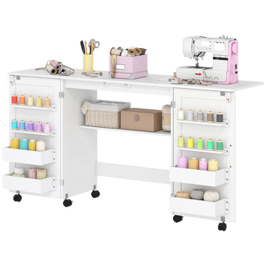 HOMCOM Folding Craft Table, Rolling Sewing Machine Table with Magnetic Doors, Bins, Pegs, Storage Shelf, Lockable Wheels, White