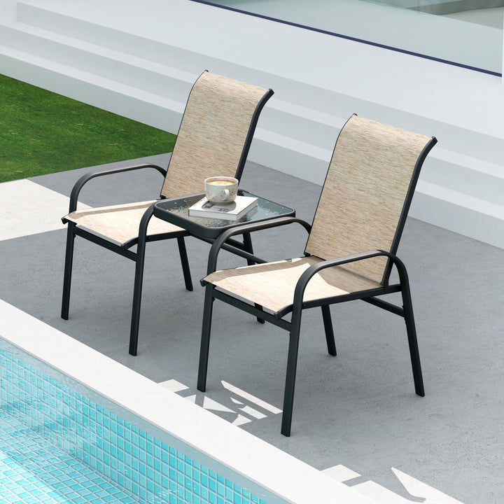 Outsunny Outdoor Loveseat with Glass Table, Garden Patio Bench with Breathable Mesh Seat, High Back, Armrests, Brown