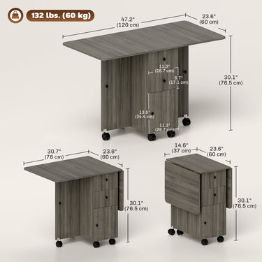 HOMCOM Foldable Dining Table, Rolling Kitchen Table with Storage Drawers and Cabinet, Drop Leaf Table on Wheels, Grey