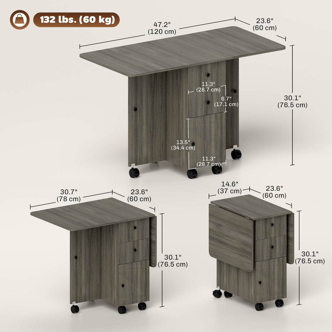 HOMCOM Foldable Dining Table, Rolling Kitchen Table with Storage Drawers and Cabinet, Drop Leaf Table on Wheels, Grey