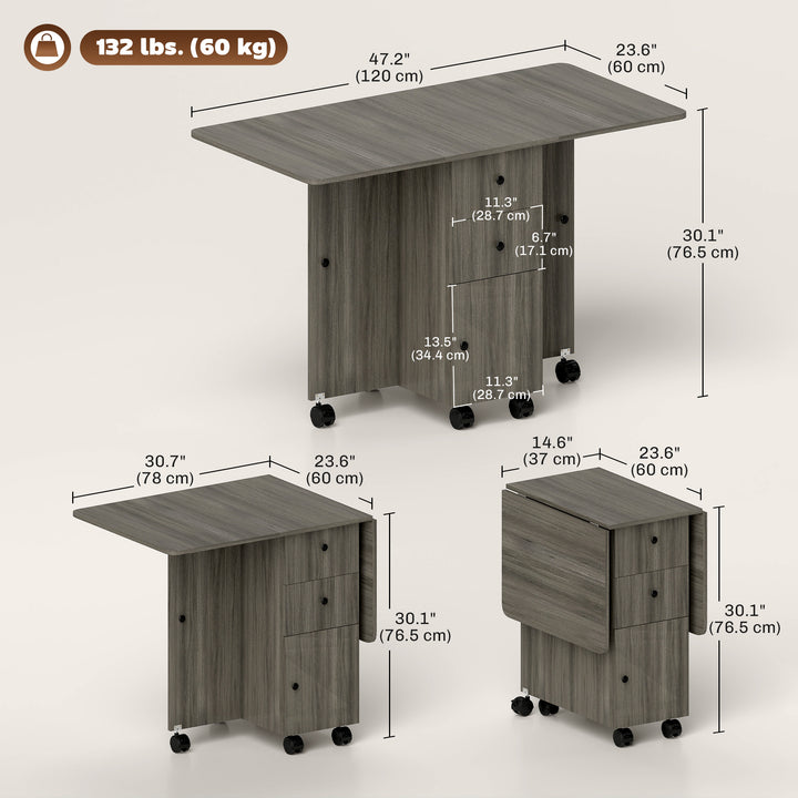 HOMCOM Foldable Dining Table, Rolling Kitchen Table with Storage Drawers and Cabinet, Drop Leaf Table on Wheels, Grey