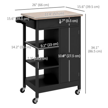 HOMCOM Modern Rolling Kitchen Island Cart with Drawer, Natural Wood Top, Towel Rack, Door Storage Cabinet, Black