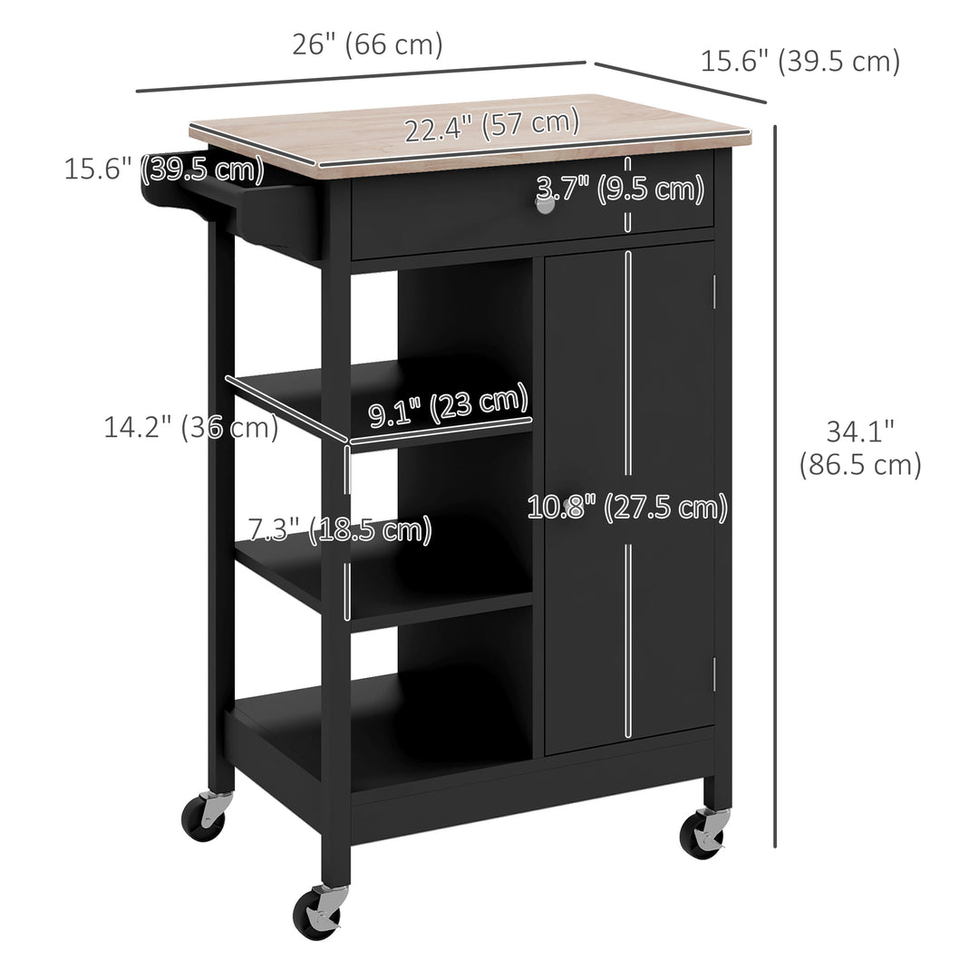 HOMCOM Modern Rolling Kitchen Island Cart with Drawer, Natural Wood Top, Towel Rack, Door Storage Cabinet, Black