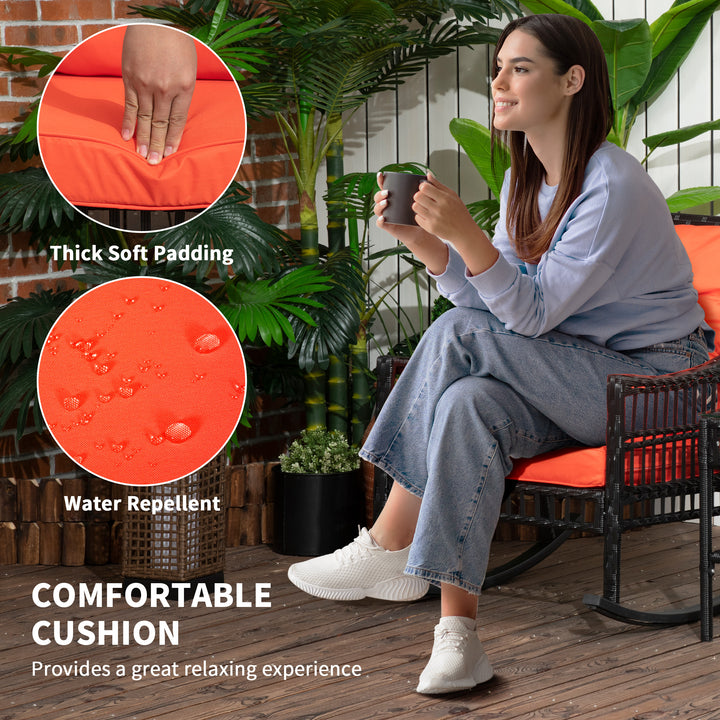 Outsunny 3 Pieces Outdoor PE Rattan Rocker Chair Set, Rocking Chair with Tempered Glass Table Top,25"x26"x28", Orange
